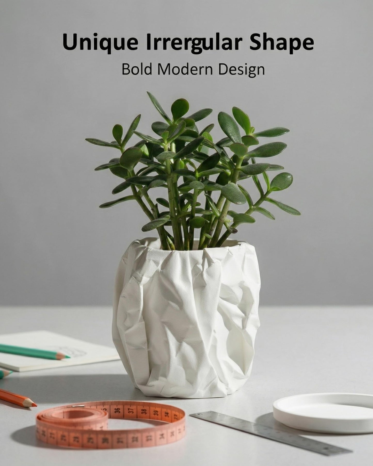 CODIAO Small White Pot Cover (No Drainage) - Unique 3D Printed Crumbled Paper Planter - Modern Artistic Cachepot for 3" Succulents - Cute Desk Decor & Creative Gift (Matte White)