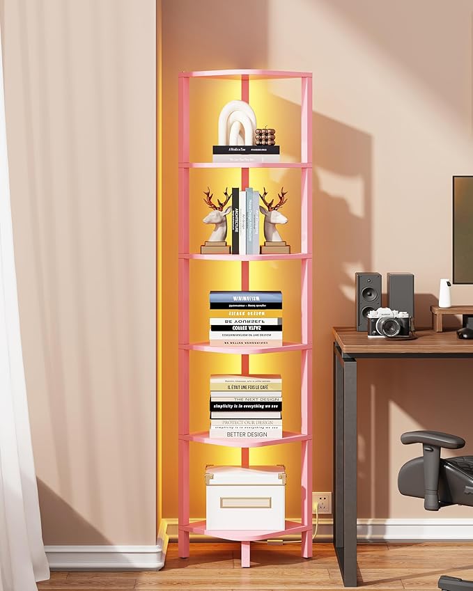 TUTOTAK Corner Shelf with LED Light, 6-Tier Corner Bookshelf