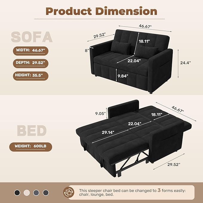 Nebuaegis Sleeper Sofa Bed, 3-in-1 Convertible Pull Out Couch