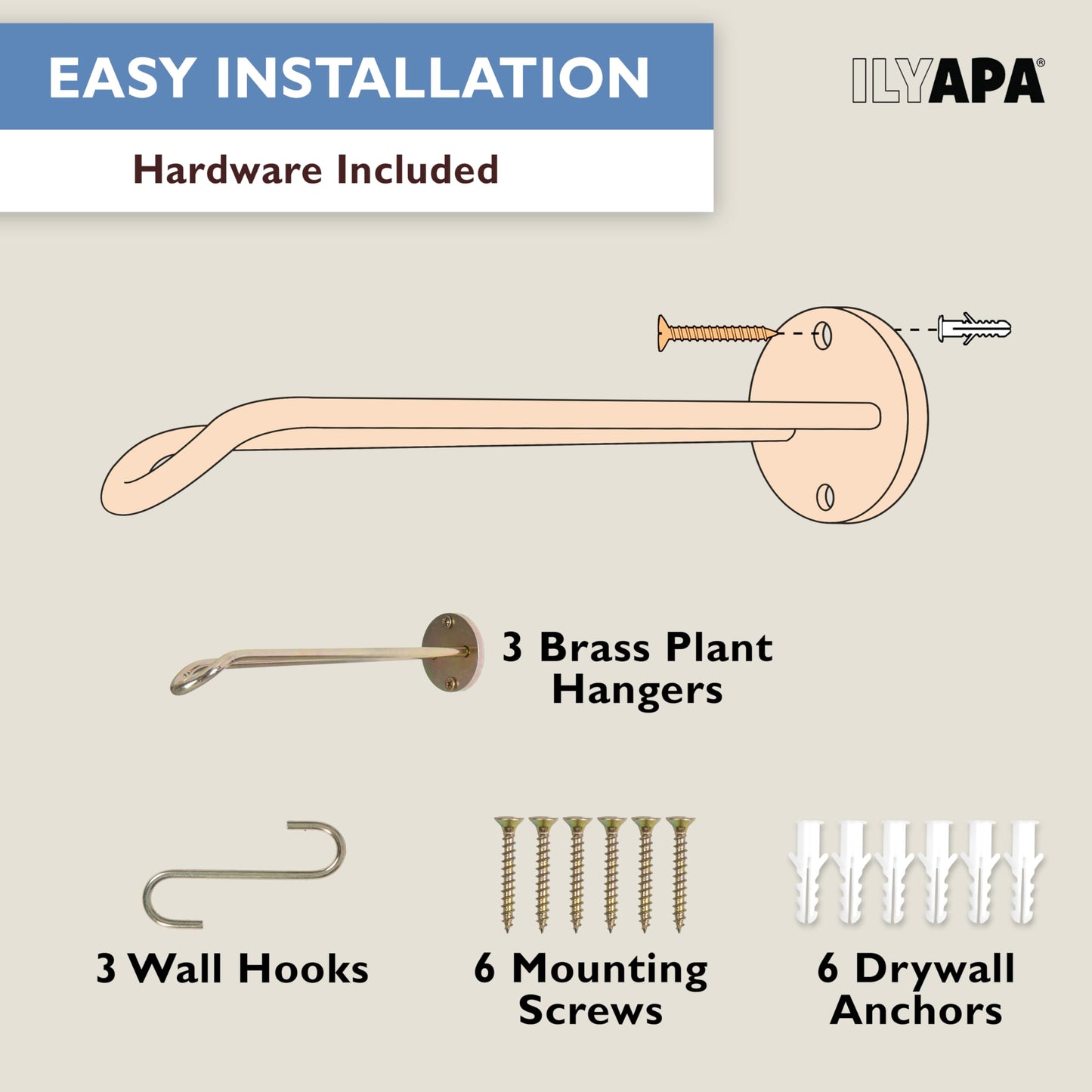 Ilyapa 3 Pack Metal Wall Plant Hangers - 7.5 Inch Plant Hanger for Indoor - Rustic Brass Finish Hooks for Hanging Plants, Baskets, and Macrame - Indoor Hangers for Plants, Lanterns or Wind Chimes