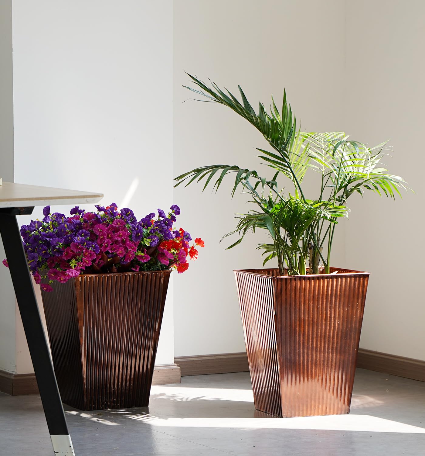 Ultiteque18 H x13 Dia Large Copper Metal Planter Set of 2, Tall Square Tapered Steel Flower pots for Indoor Plants, Indoor Plant Pots Lightweight for Apartment Office, Planter Pots with Drainage&Plug
