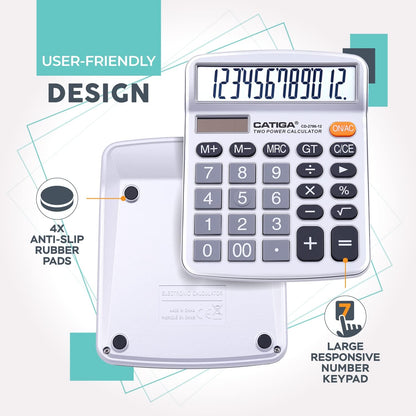 CATIGA 12 Digits Desktop Calculator with Large LCD Display, Dual Solar Power and Battery, Standard Function for Office, Home, School, CD-2786