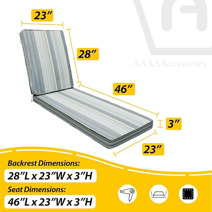AAAAAcessories Outdoor Chaise Lounge Cushions, Fade-Resistant, Waterproof Patio