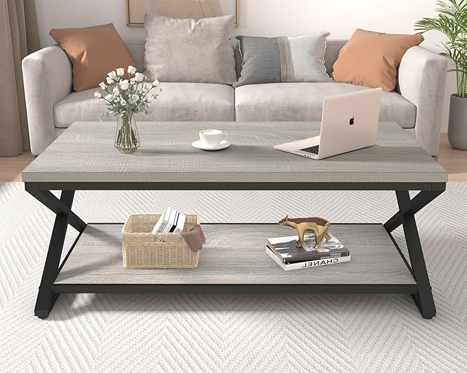 HSH Coffee Table with Storage, Farmhouse Grey Living Room Center Table