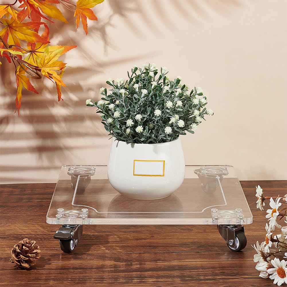 BENECREAT Acrylic Plant Caddy Heavy Duty 30Kg /66lbs Capacity, 10x10inch Square Clear Plant Pots Stands with 4 Rubber Wheels, Lockable Plant Stand for Indoor Outdoor Planter Display