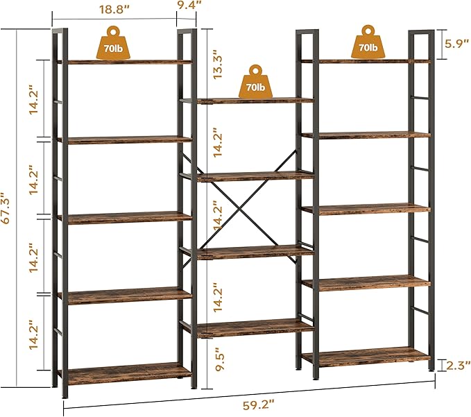 Shintenchi Triple Column 5 Tier Bookshelf, Industrial Large Bookcase Display
