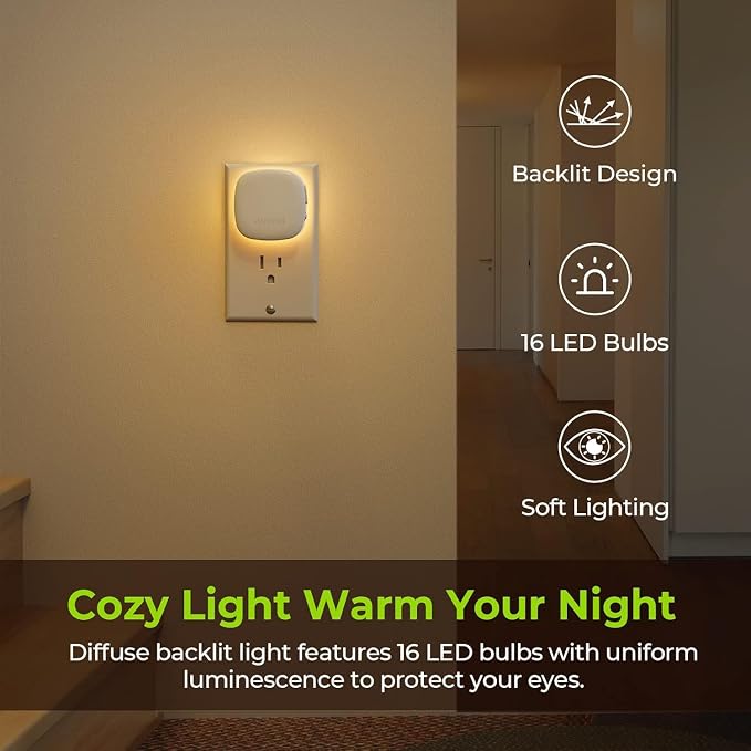 AUVON 4 X Plug-in LED Backlit Night Light with Motion & Dusk to Dawn Sensor | 2200K Soft Warm White Nightlight with 1-50lm Dimmable Brightness for Adults & Kids' Bedroom, Bathroom, Hallway
