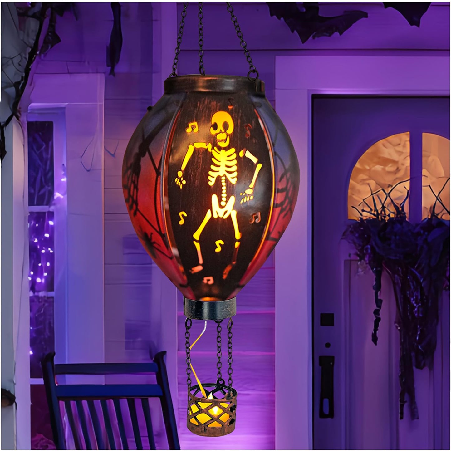 Halloween Outdoor Decorations Hot Air Balloon Solar Lantern with Flickering Flame, Hanging Outdoor Lanterns with Skull Pattern Hollowed-Out Design Halloween Party Decor for Garden, Patio (Halloween)