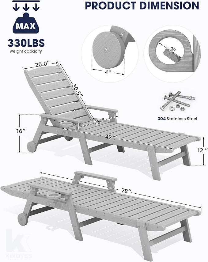 KINGYES HDPE Lounge Chair Outdoor, Patio Chaise Lounge Recliner