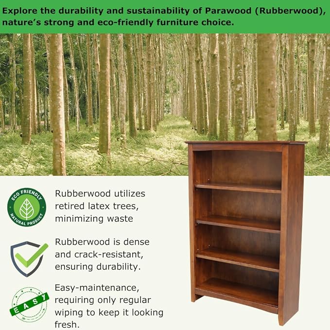 Solid Wood Bookcase 48" High, Adjustable Shelves, Parawood Construction