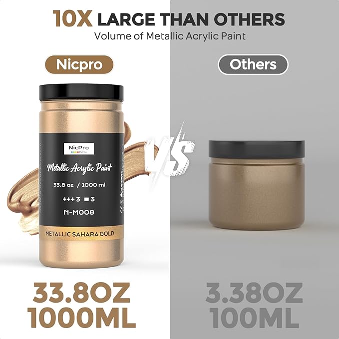 Nicpro Metallic Sahara Gold Acrylic Paint 33.8oz/1000ml, Non Toxic Non Fading