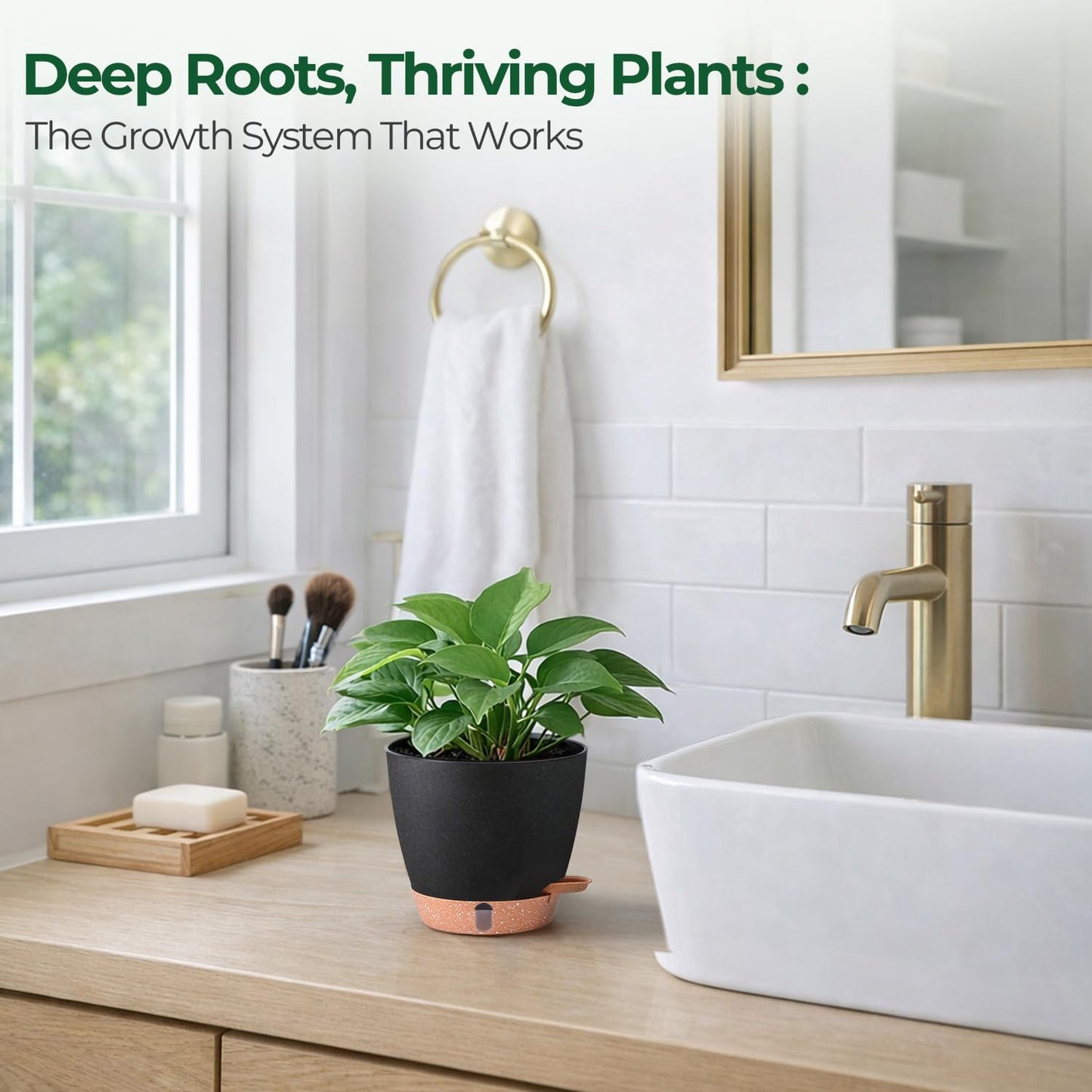 T4U 6 Inch Self Watering Pots for Indoor Plants - Mess-Free Bottom Watering Planter for Herbs/Pothos/Succulent Plants, Indoor Outdoor Use (Black, 4 Pack)