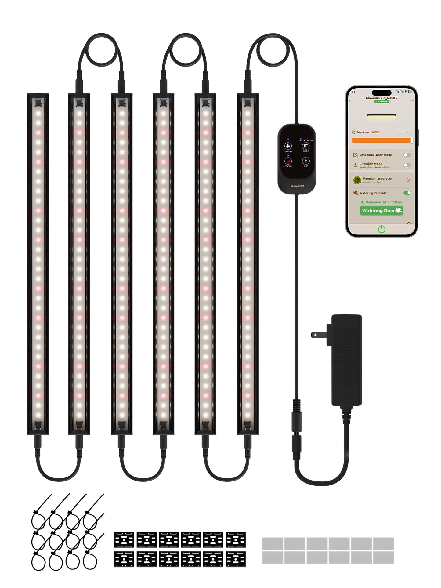 GLOWRIUM Smart Grow Lights for Indoor Plants with APP, Full Spectrum Grow Lights for Seed Starting, G6 Plant Light Strip with auto Timer, 3 Angle dimming Levels for Plant Shelf, 6-Pack (Black, 48W)