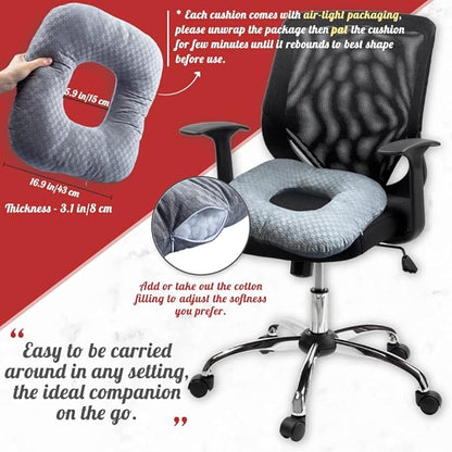 Stuffed Donut Pillow Seat Cushion | for Tailbone and Coccyx Pain, Hemorrhoids, Bed Sores, Pregnancy, Prostate, Surgery Recovery, Sitting Pressure Relief, for Home, Office and Car (Grey)