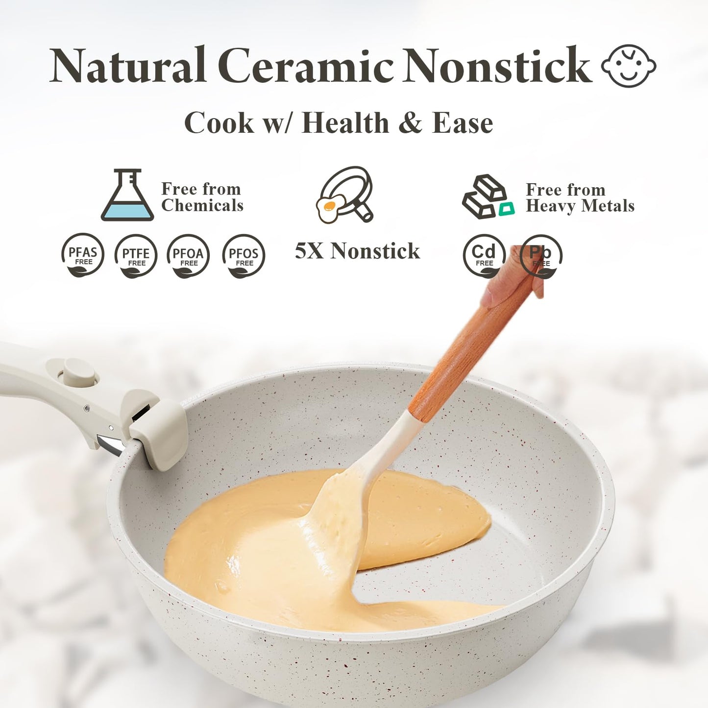 Bazova Ceramic Nonstick Cookware Set, Healthy,Non Toxic,17-Pieces Pots and Pans Set Removable Handles,Induction RV Kitchen Set,Stain & Scratch-resistant,Dishwasher/Oven Safe,PFAS/PFOA Free,Cream White