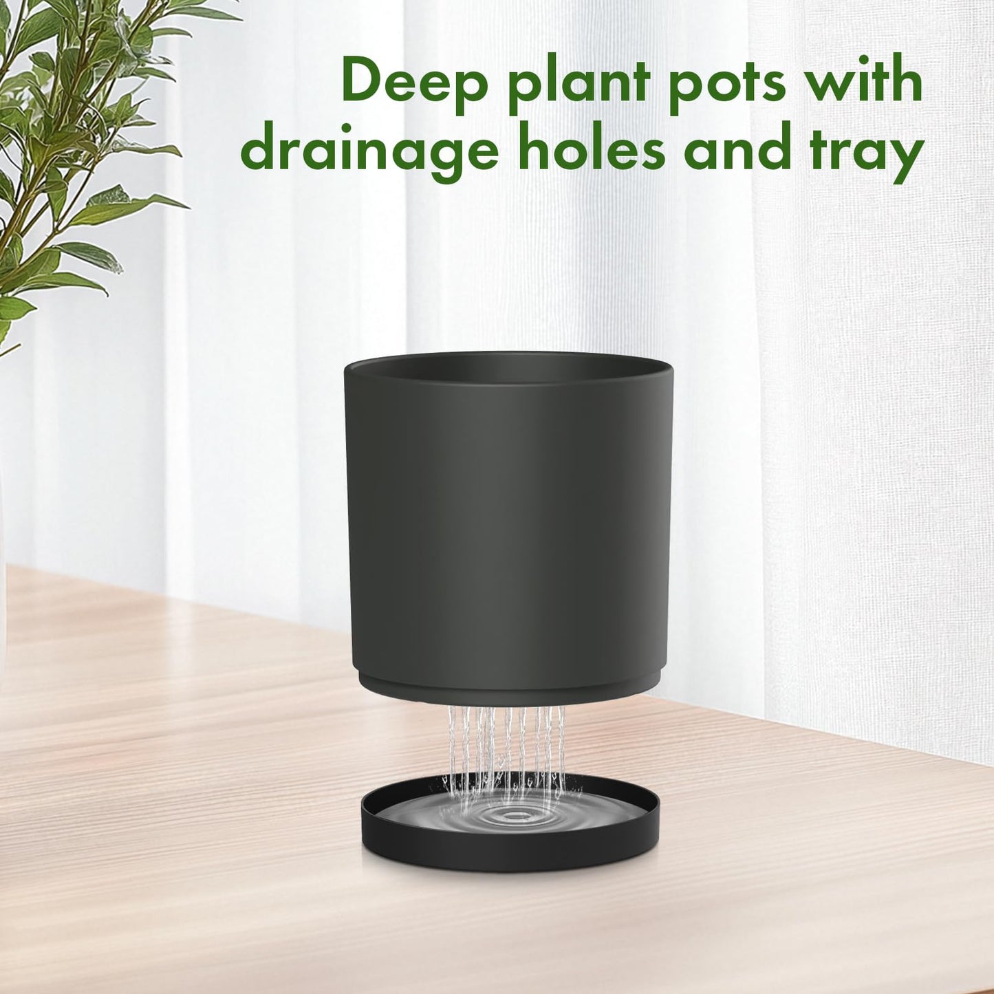 Meowell 8/7/6 inch Plant Pots, 3 Set Cylinder Flower Pots for Outdoor Indoor Plants, Decorative Plastic Planters with Drainage Holes and Saucers for Garden House Plants, Black