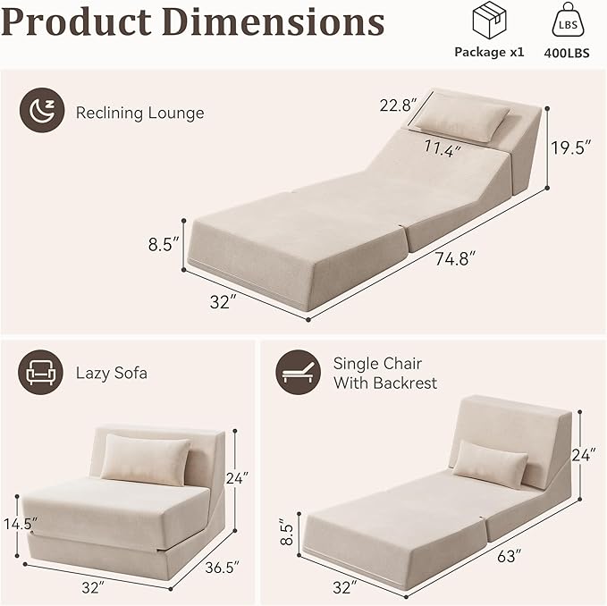 Fold Out Chair Bed, Folding Sofa Bed, 3 in 1 Convertible Sleeper Chair Bed