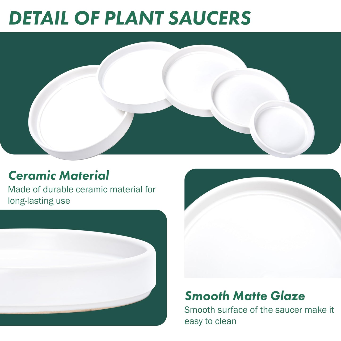 D'vine Dev Modern Round 5.4 Inch Ceramic Plant Pot Saucer, Planter Pot Drainage Tray for Indoor Plants, Matte White, 97-T-A-2