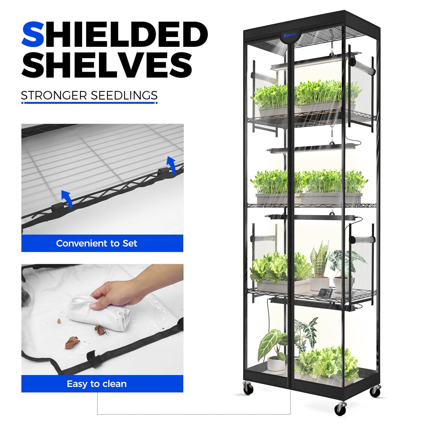 Barrina LP600 Mini Greenhouse with Grow Lights, 5-Tier Plant Stand with 100W TX-S25 1.6FT 5000K Full Spectrum Plant Shelf with Tent, Timer & Thermometer for for Seed Trays Growth, 23.6 x 13.8 x 70.9IN