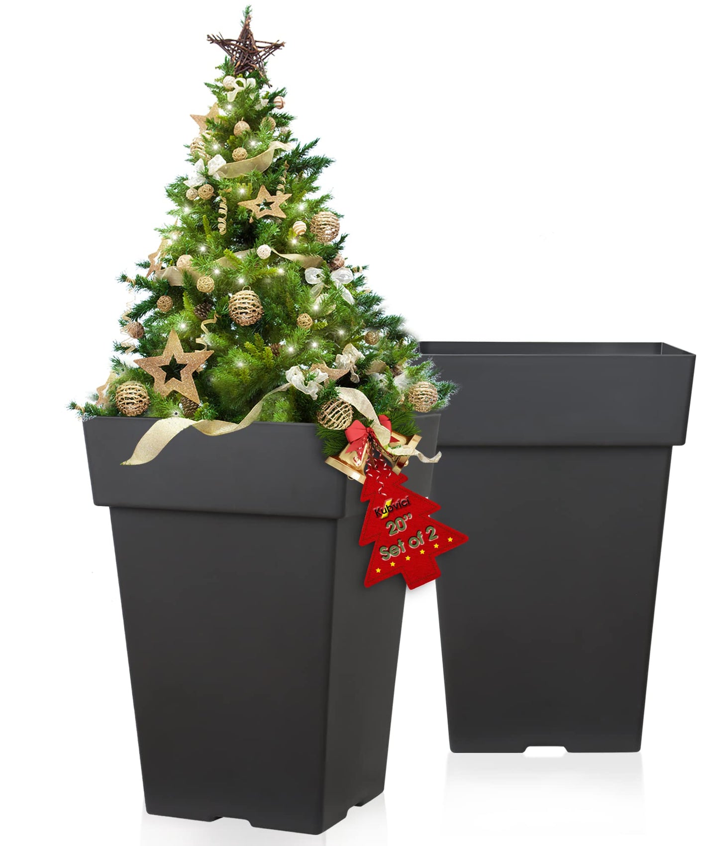 Tall Planters for Outdoor Plants, 20 Inch Movable Drainage Large Outdoor Planter Indoor Planters, Set of 2 Plastic Planters for Front Porch Door Garden Balcony Deck, Dark Gray 20"