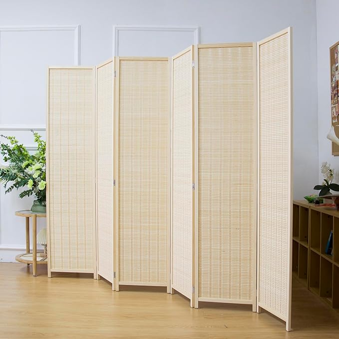 6 Panel Bamboo Room Divider Screen, 5.6 FT Tall Bamboo Divider Folding Privacy