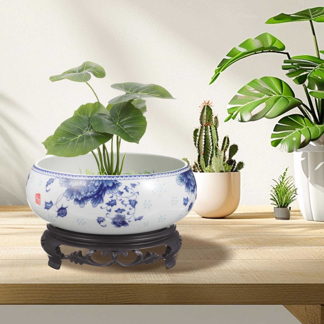 YARNOW Lotus Bowl Planter with Stand - Non Hole Ceramic Bonsai Pot for Water Lily, Succulents, and Small Plants, 7 x 6.3 x 4 Inch