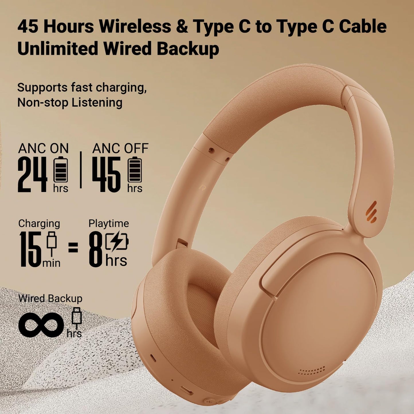 Edifier V80 Hybrid Active Noise Cancelling Headphones, True Wireless Over Ear Bluetooth Headset with 45H Playtime Hi-Res Audio Fast Charging Multipoint Connection for Travel Home Office (Brown)