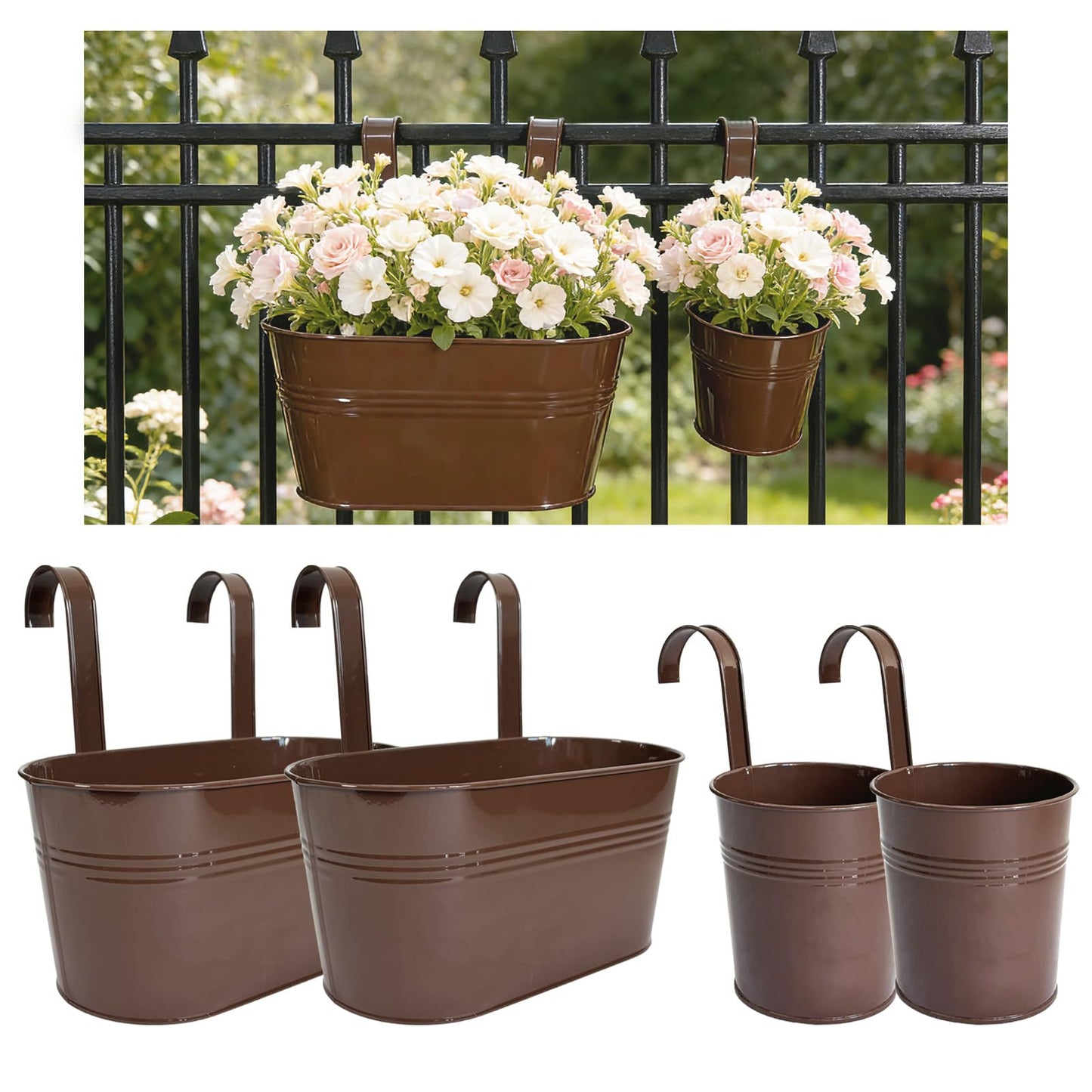 Joyfernal Pack of 4 Metal Hanging Planters for Outdoor Plants, 2 Pcs 4" Round Railing Planter & 2 Pcs 10" Oval Fence Flower Pots for Balcony Garden Decor, Chocolate