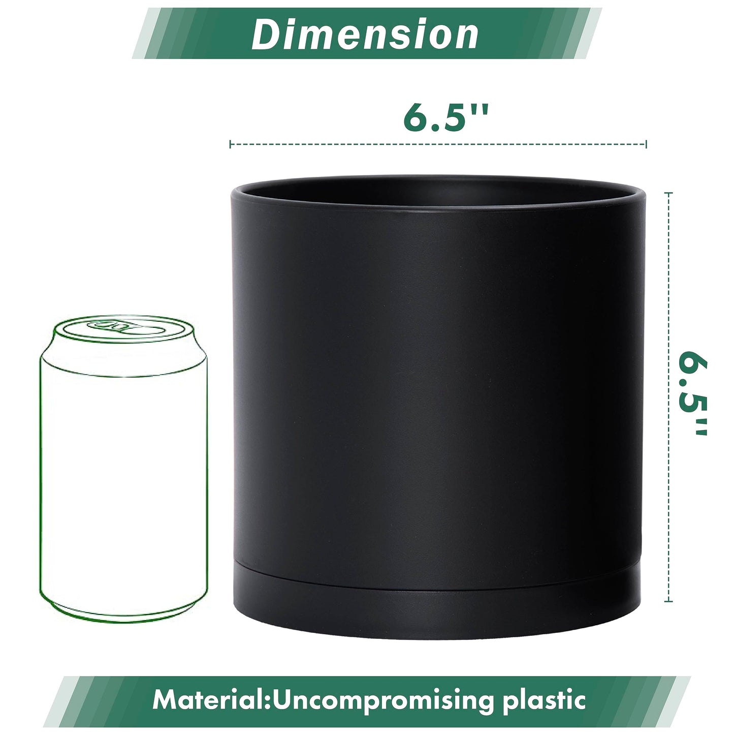 D'vine Dev 2 Pack 6.5 Inch Modern Plastic Plant Pots, Small Garden Planters for Plant with Drainage Holes and Saucers, Black Color, 74-Y-L-1