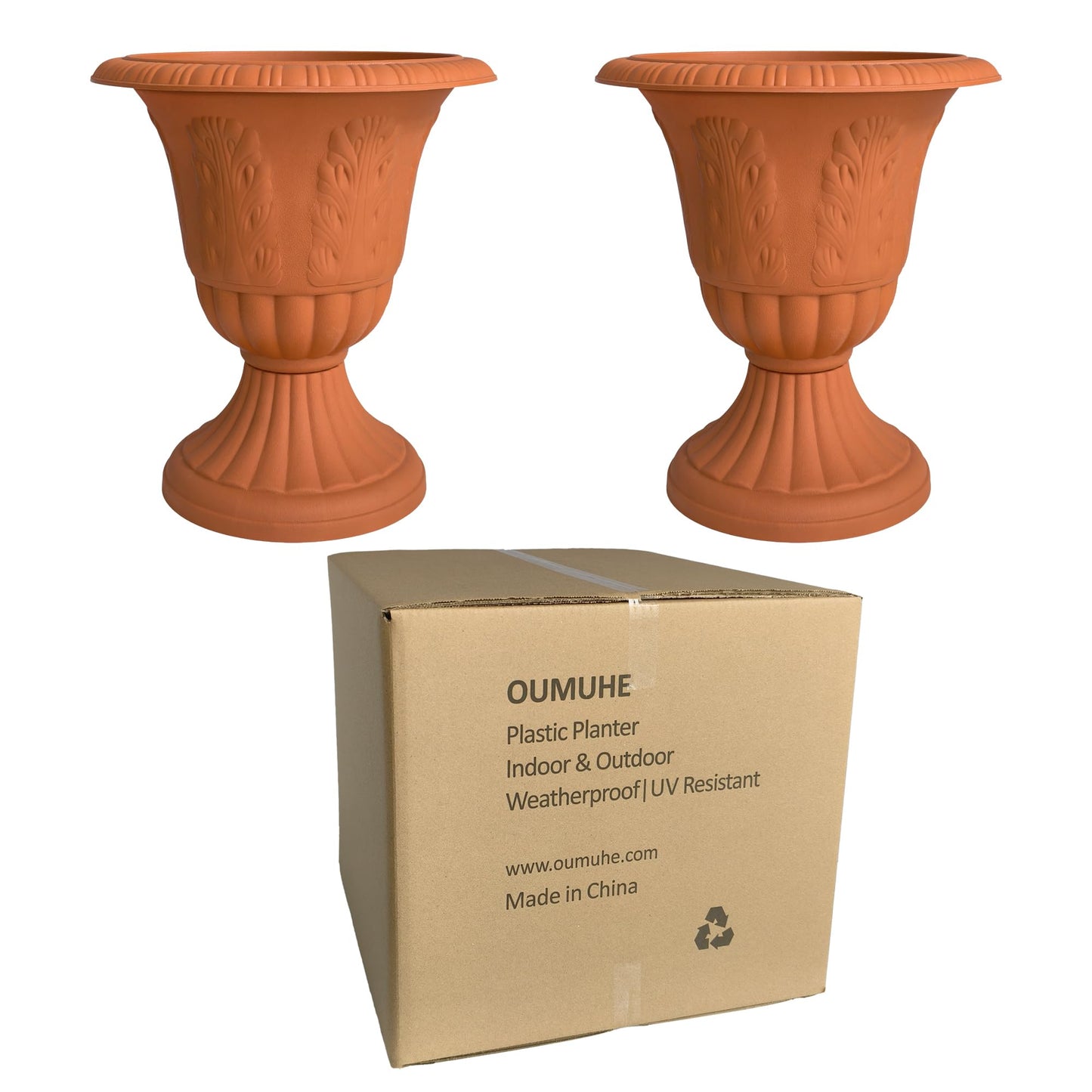 OUMUHE Set of 2 Goblet-Shaped Plastic Planter Urns, 16" H × 14.5" D Large Lightweight Durable Flower Pots, Decorative Indoor Outdoor Garden Patio Plant Containers (Terracotta)