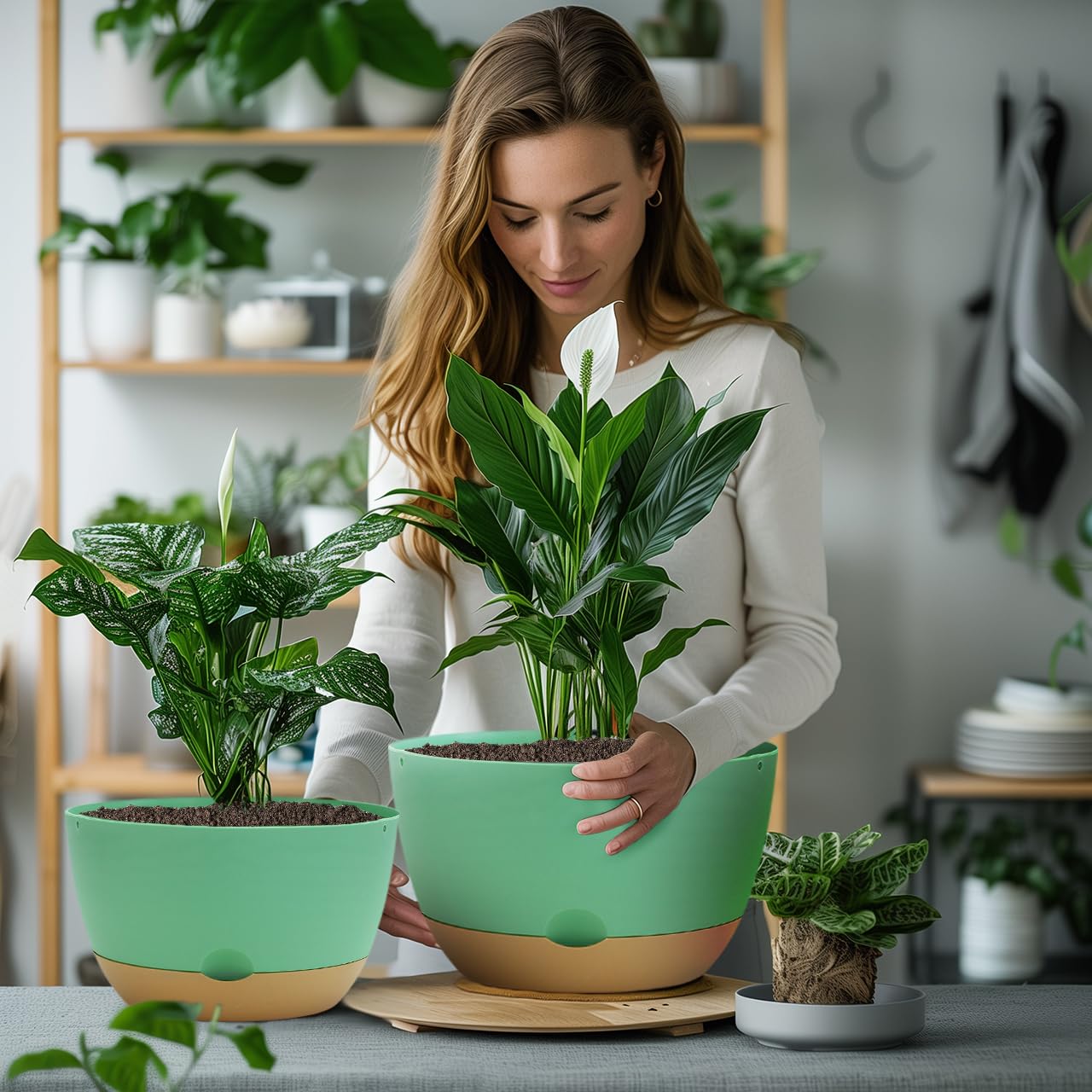 Koalaime 8/10/12 Inch Pots for Indoor Plants, Large Self Watering Planters with Drainage and Saucers, Plastic Outdoor Flower Pot, Set of 3, Green