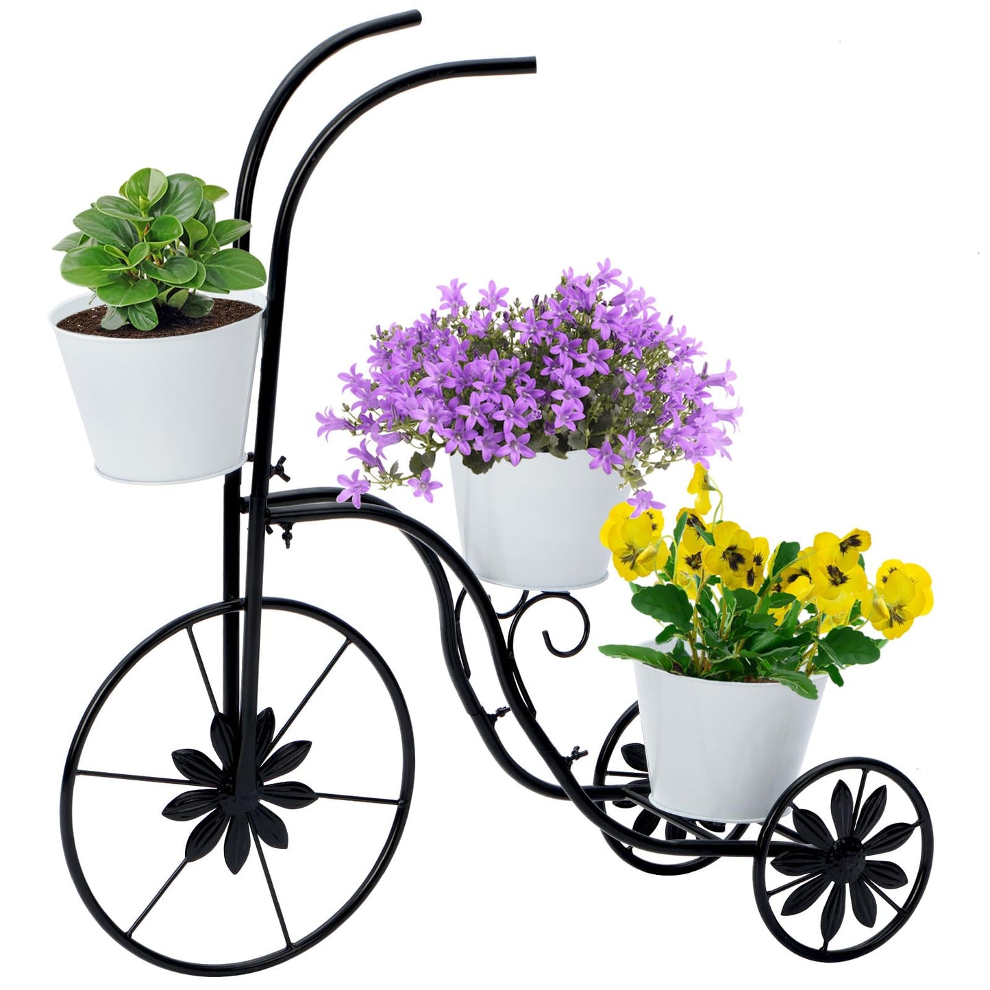 BAYN Bicycle Planter Stand, Metal Flower Pot Cart Holder Tricycle Planter with 3 Plant Bucket Outdoor Decorative for Patio, Deck, Garden or Lawn