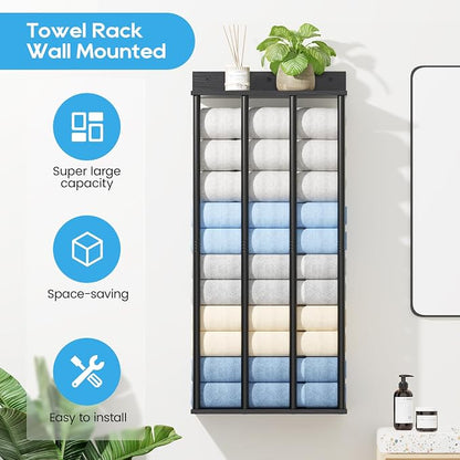 Towel Racks for Bathroom Wall Mounted, Updated 4 Bar Wall Towel Holder | Large Bathroom Towel Storage Rack for Rolled Towels, Modern Metal Towel Organizer Shelf with Wooden Storage Shelf