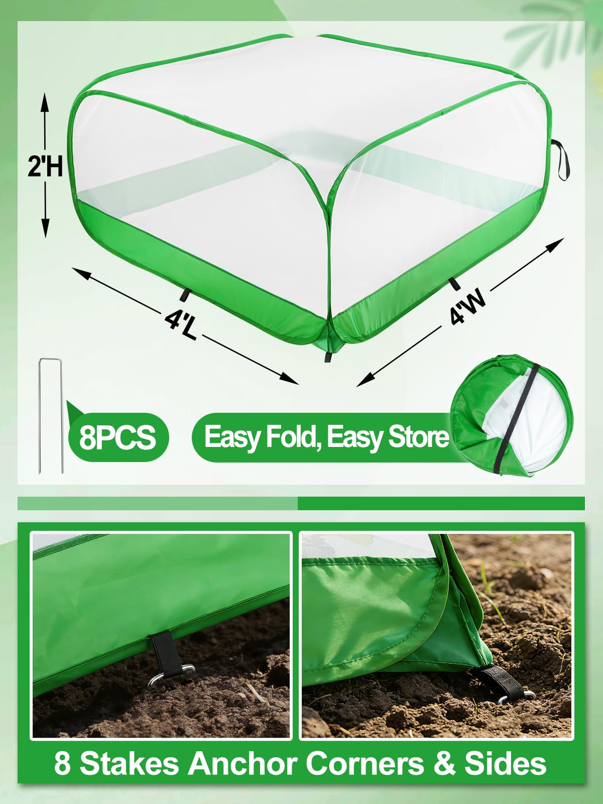 Pop Up Garden Netting for Square Raised Beds - 4'L x 4'W x 2'H Ultra Fine Mesh Net Plant Cover with 8 Stakes, Protection for Vegetables Fruit from Birds Pests