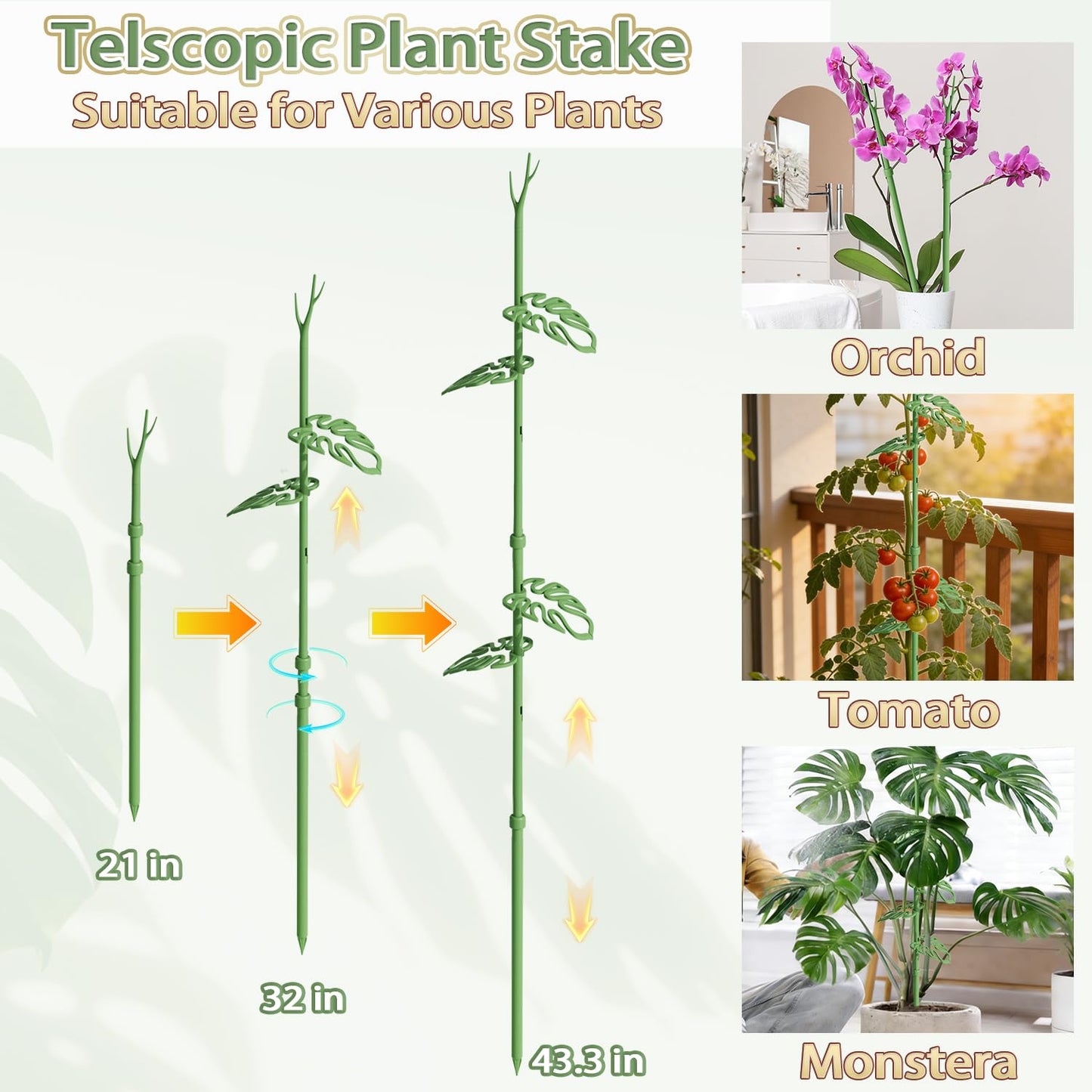 Telescoping Plant Stakes, Detachable Leaf Clips, Monstera Plant Support Stick Adjustable from 21In to 43.3In, Plant Support Stakes Ideal for Indoor, Garden and Climbing Plant, Vegetables - 2 Pack