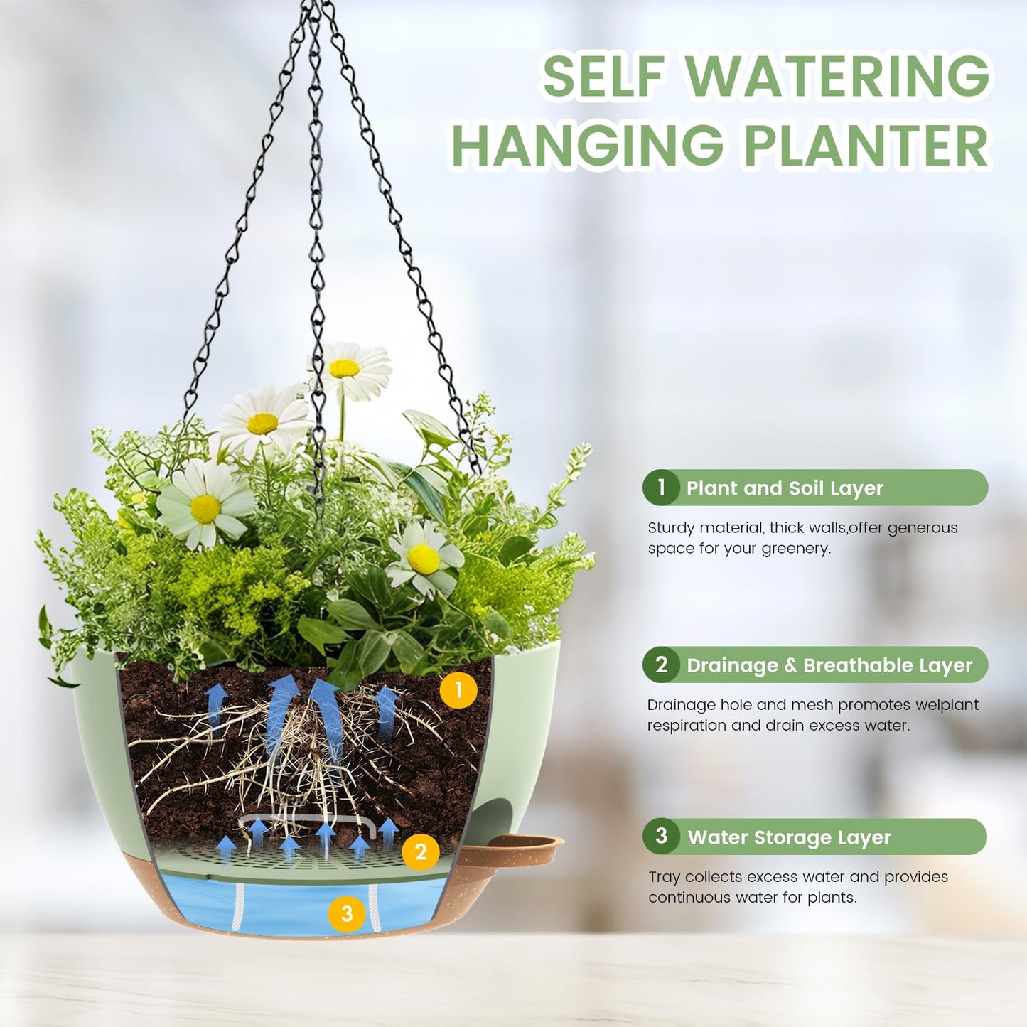 2 Pack 12 Hanging Flower Pots with Chains Self Watering Plastic Planters for Indoor Outdoor Plants, Sturdy Triangular Iron Chain Design for Garden PorchPlastic hanging flower pots (2, Green Brown)