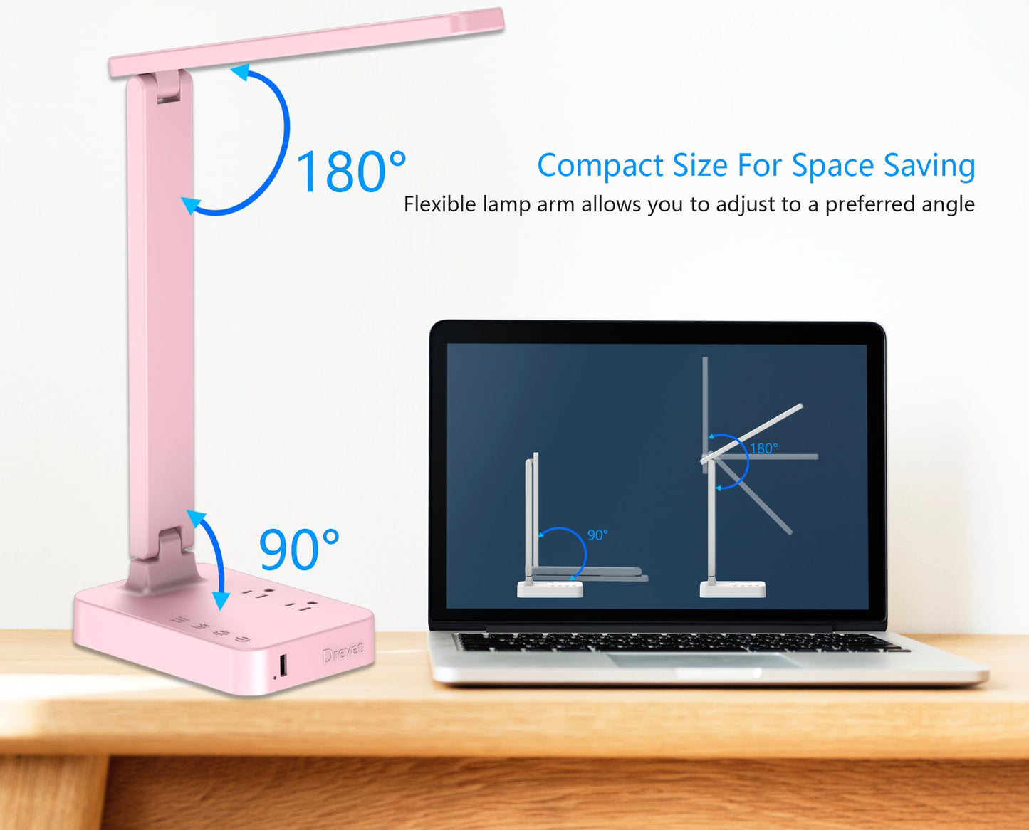 Drevet LED Desk Lamp, Desk Light with 1 USB Charging Port and 2 AC Power Outlet, 3 Lighting Modes, 3 Level Brightness,1H Timer, Touch Control, Eye-Caring Home Office Foldable Table Lamp (Pink)