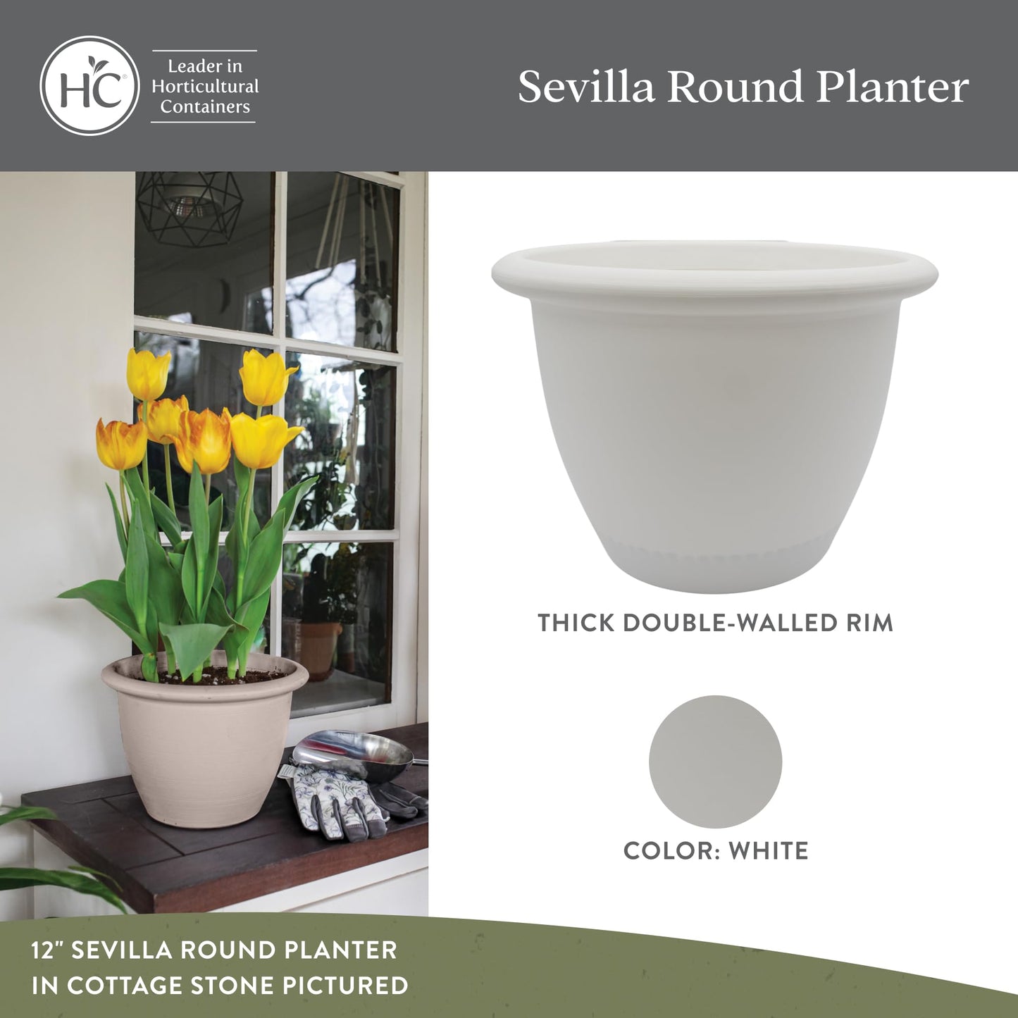 The HC Companies Sevilla Flower Planters - Durable Outdoor & Indoor Planter - Round Lightweight Self Watering Plant Pots for Herbs & More (14" White, Pack of 1)
