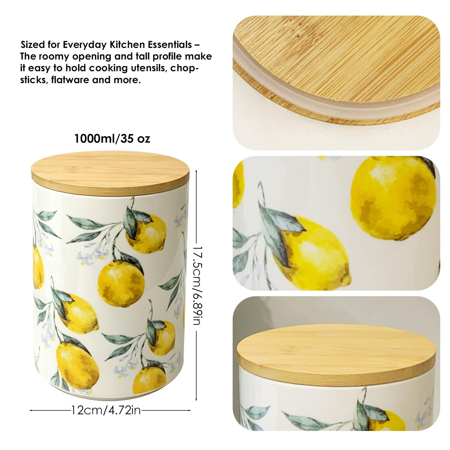 ODESUN Lemon Ceramic Utensil Holder with Bamboo Lid , 2-in-1 Countertop Utensil Crock & Storage Canister, Kitchen Utensil Holder for Countertop & Flatware Holder, French Country Kitchen Decor