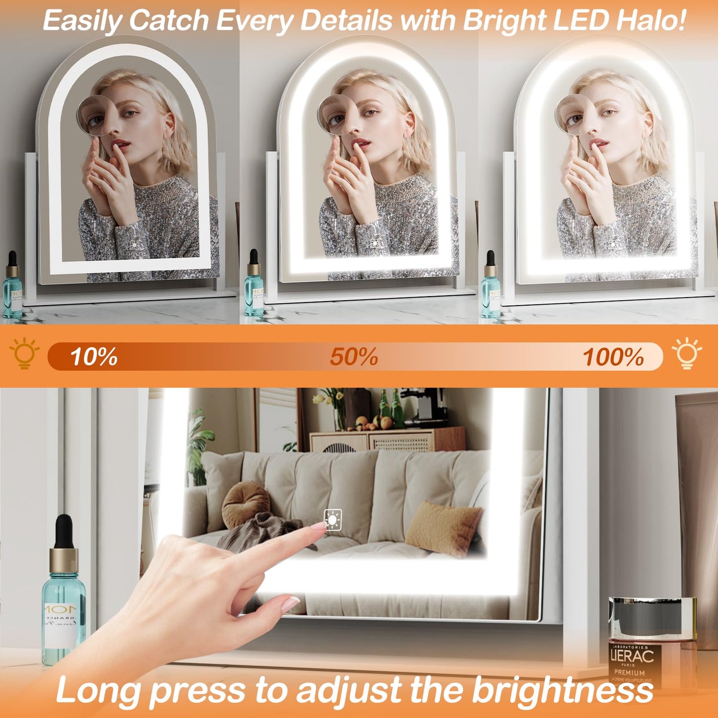 Arched Makeup Vanity Mirror with Lights 17.2" Large LED Lighted Mirror, Hollywood Make Up Mirror with Lighting, Smart Touch,Detachable 5X Magnification 360° Rotation, (Gold,Gift Box)