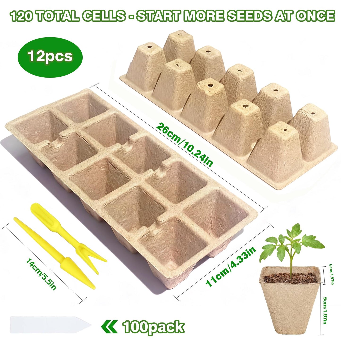 Kimdozee 120 Cells Seed Starter Tray, 12 Pack Germination Peat Pots with 100 Labels, Plant Starter Kit for Seedlings