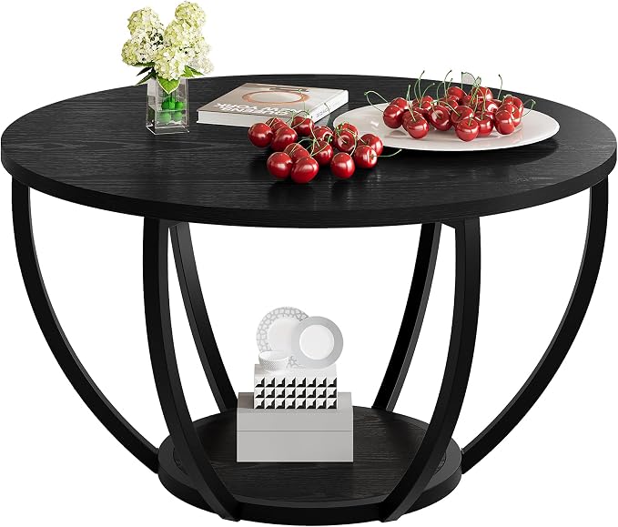 HOMERECOMMEND Round Coffee Table,Wooden 2-Tier Circle Coffee Tables with Storage Shelves,Accent Center Table for Living Room, Sofa Table for Home Office, Black