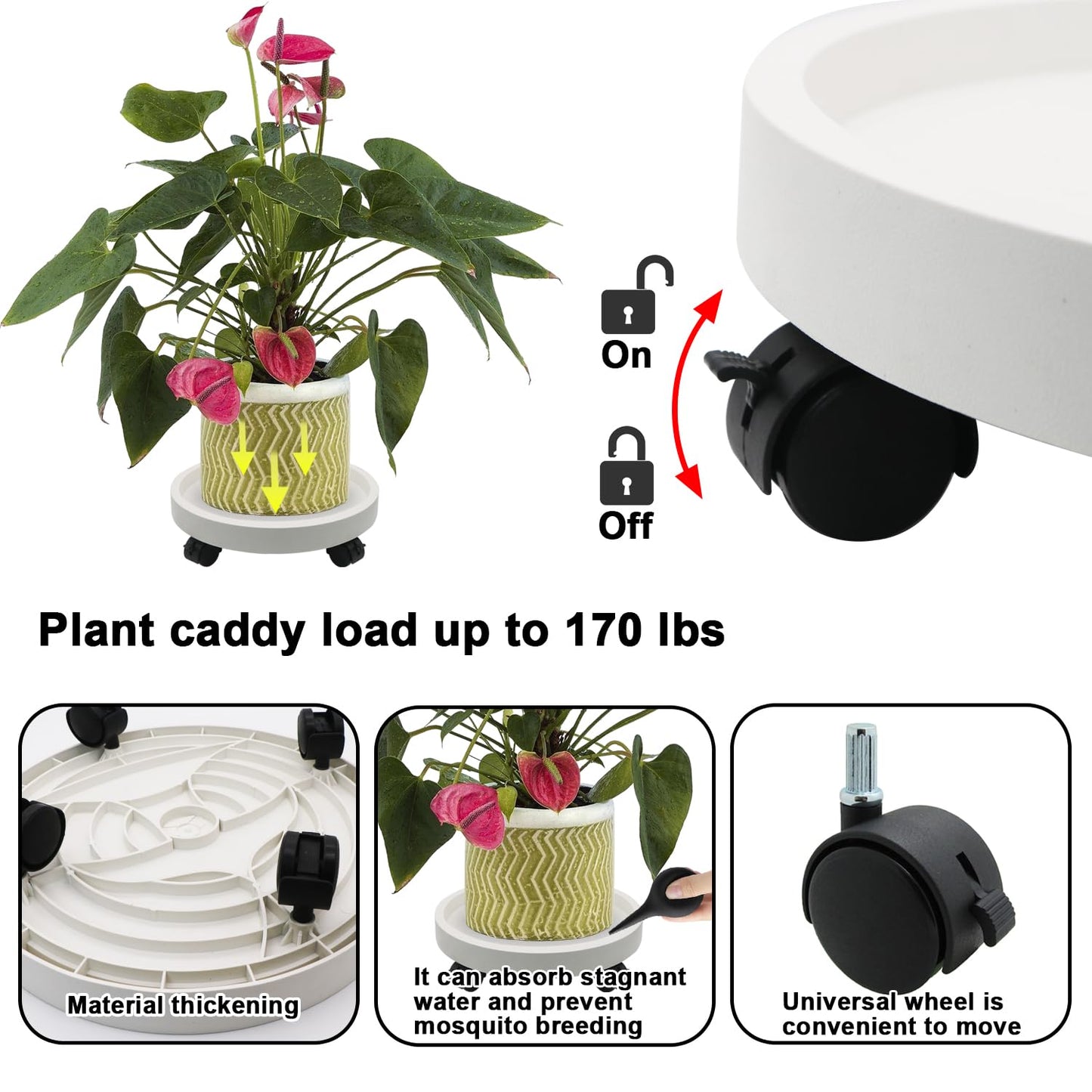 RUENXG 2-Pack 13" Heavy Duty Plant Caddy with Lockable Wheels, Industrial-Grade Rolling Plant Stand for Indoor/Outdoor Potted Plants, Flower Pots & Garden Decor - White