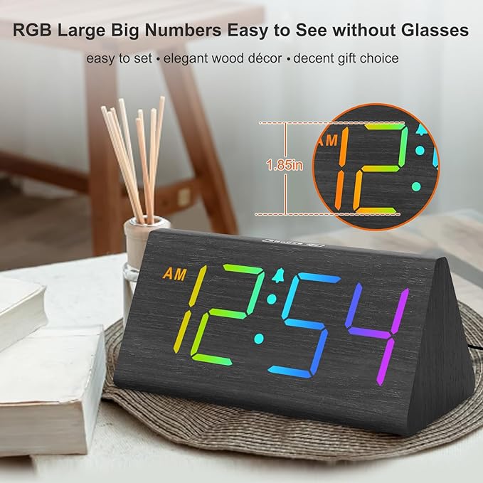 DreamSky Wooden Digital Alarm Clock for Bedroom with RGB Large Numbers | Electric Desk Clock, USB Port, Loud Alarm for Heavy Sleepers, Dimmer and Volume Control, Snooze, Wood Décor, Adapter Powered