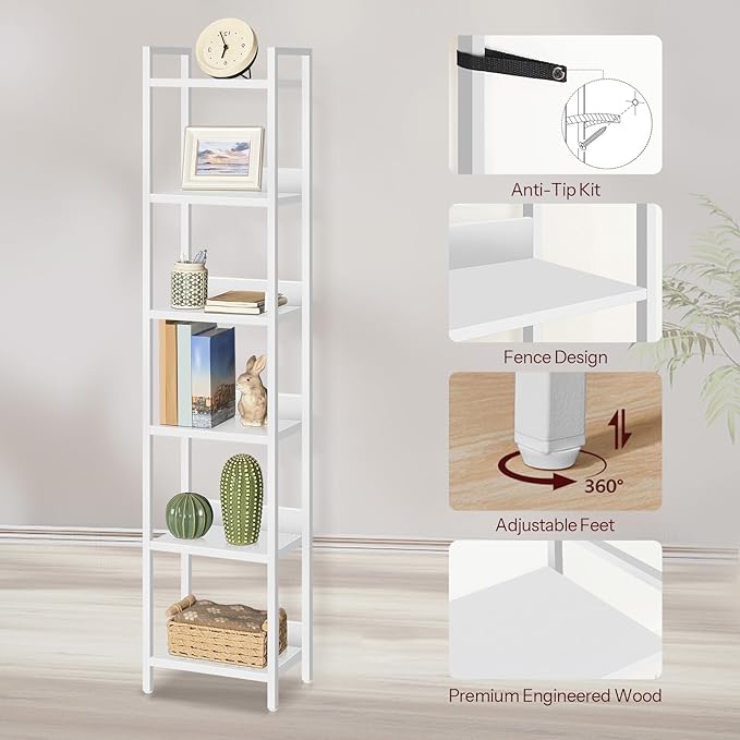 MAHANCRIS Bookshelf, 6-Tier Bookcase, Standing Book Shelf