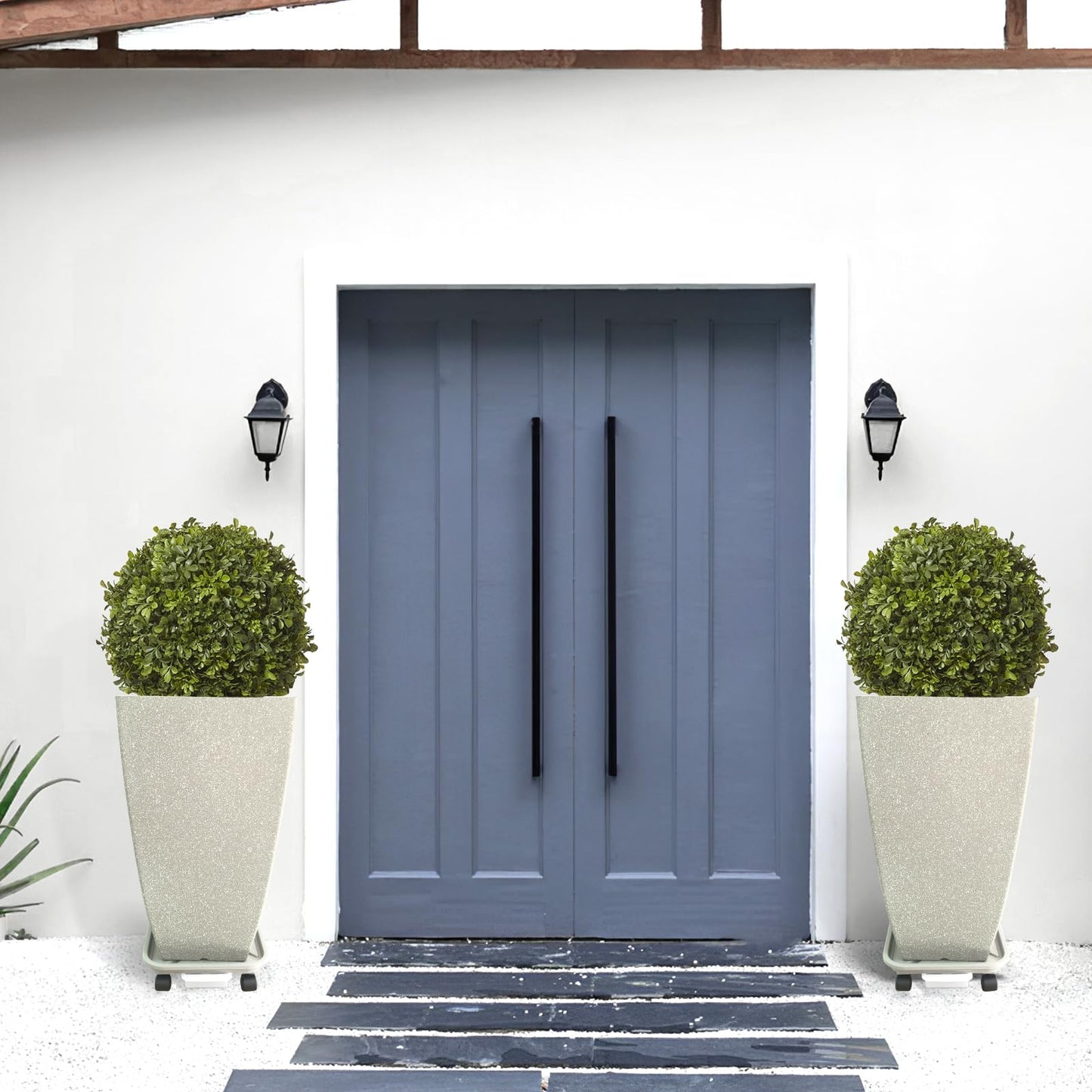 FIASON Set of 2 Large Tall 21 Inch Planter Pots Indoor/Outdoor-Matte Grey Square Flower Planters with Tray for Patio, Front Door, Deck | Weather-Resistant & Lightweight Plastic (Grey)
