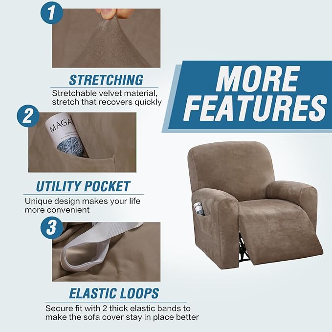 H.VERSAILTEX Velvet Stretch Recliner Couch Covers 4-Pieces Style Recliner Chair