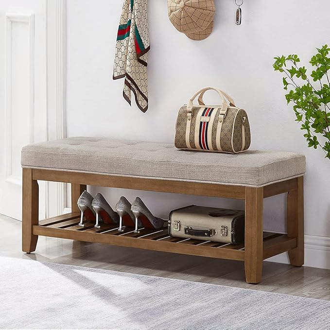24KF Large Rectangular Upholstered Tufted Linen Fabric Ottoman Bench, Padded