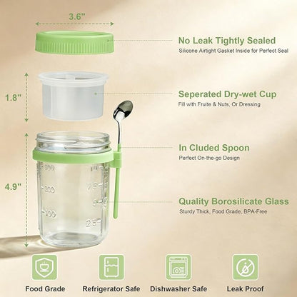 4 Pack Overnight Oats Containers with Lids and Spoons - 16 oz Glass Mason Jars with Dressing Cup, Over night Oat Jars for Meal Prep, Yogurt Parfait Cup for Chiaseed Salad (Green)