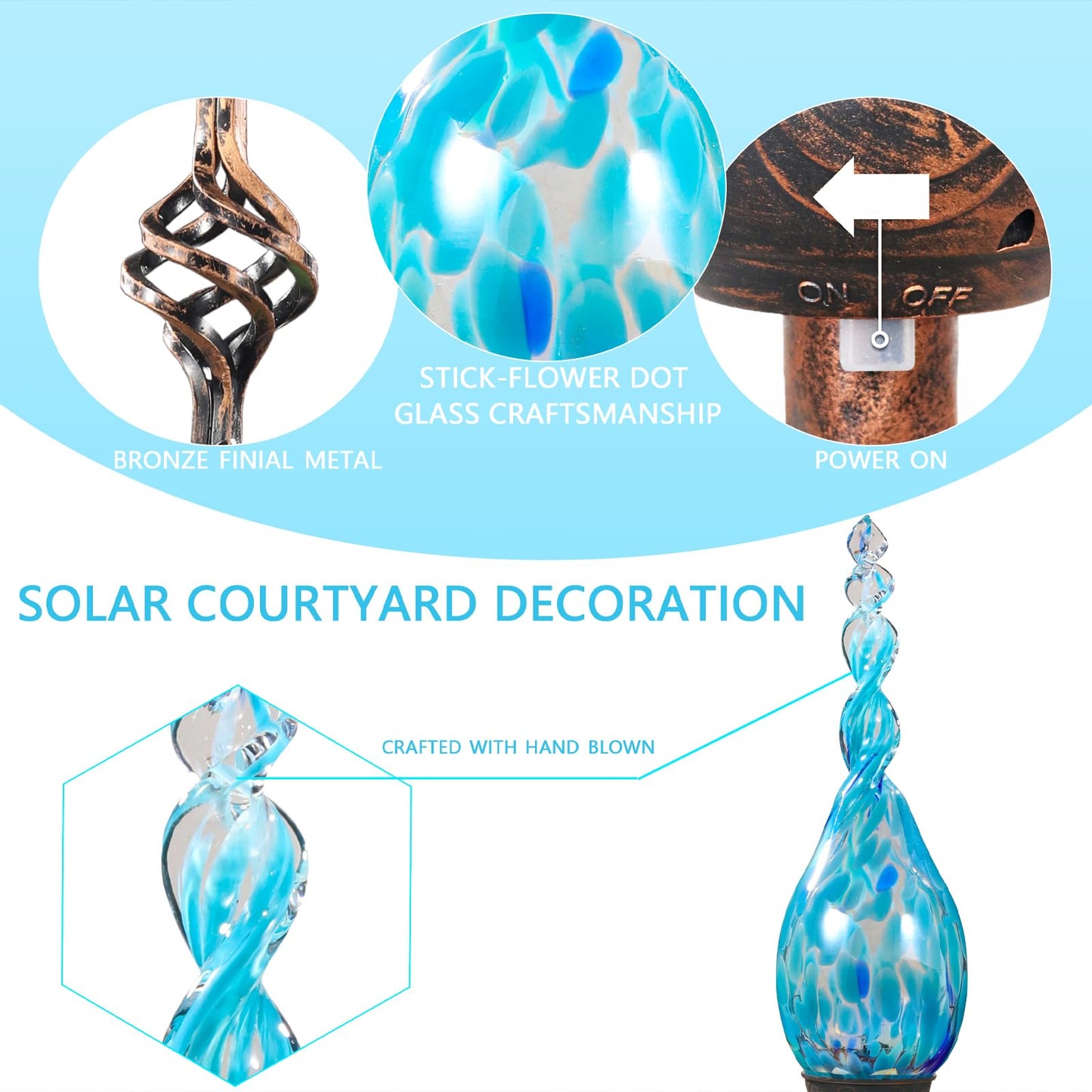 Naboher Solar Garden Lights Outdoor, Decorative LED Flame Garden Stakes, Hand Blown Glass and Outdoor Waterproof Glass Stakes (Light Blue)